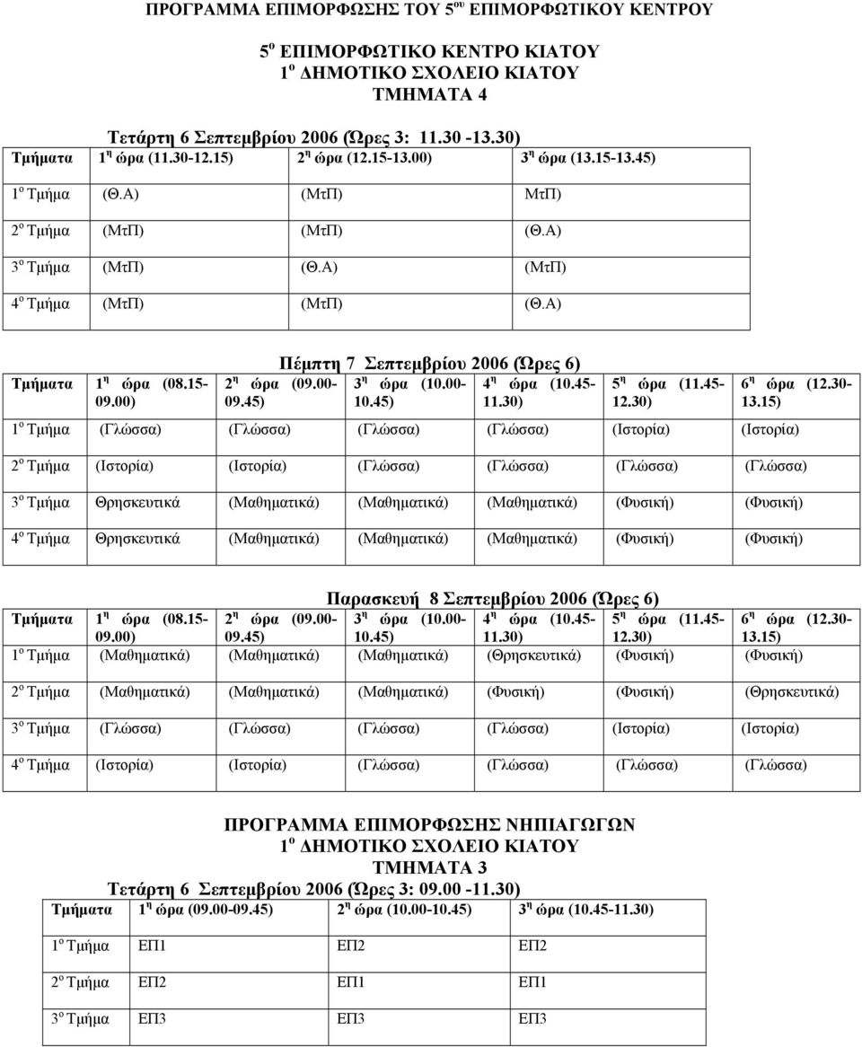 15- Πέµπτη 7 Σεπτεµβρίου 2006 (Ώρες 6) 2 η ώρα (09.00-3 η ώρα (10.00-4 η ώρα (10.45-5 η ώρα (11.45-6 η ώρα (12.