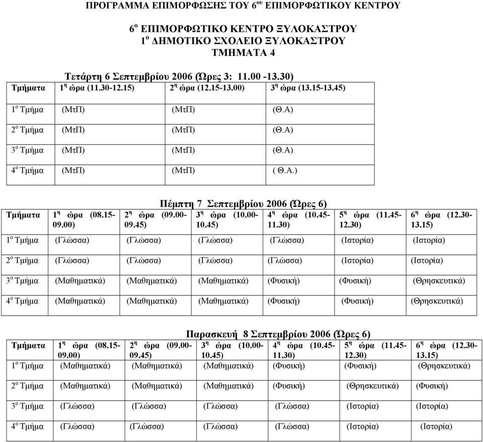 15- Πέµπτη 7 Σεπτεµβρίου 2006 (Ώρες 6) 2 η ώρα (09.00-3 η ώρα (10.00-4 η ώρα (10.45-5 η ώρα (11.45-6 η ώρα (12.