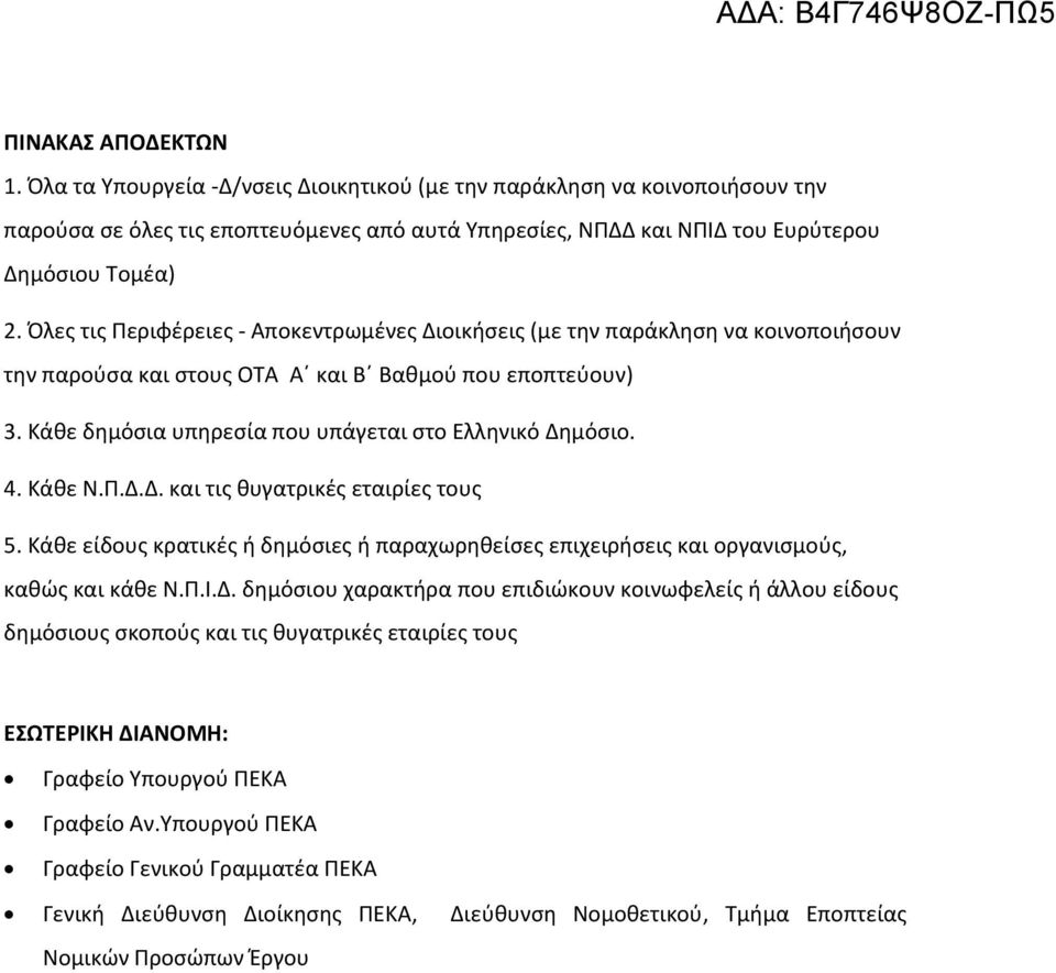 4. Κάθε Ν.Π.Δ.Δ. και τις θυγατρικές εταιρίες τους 5. Κάθε είδους κρατικές ή δημόσιες ή παραχωρηθείσες επιχειρήσεις και οργανισμούς, καθώς και κάθε Ν.Π.Ι.Δ. δημόσιου χαρακτήρα που επιδιώκουν κοινωφελείς ή άλλου είδους δημόσιους σκοπούς και τις θυγατρικές εταιρίες τους ΕΣΩΤΕΡΙΚΗ ΔΙΑΝΟΜΗ: Γραφείο Υπουργού ΠΕΚΑ Γραφείο Αν.