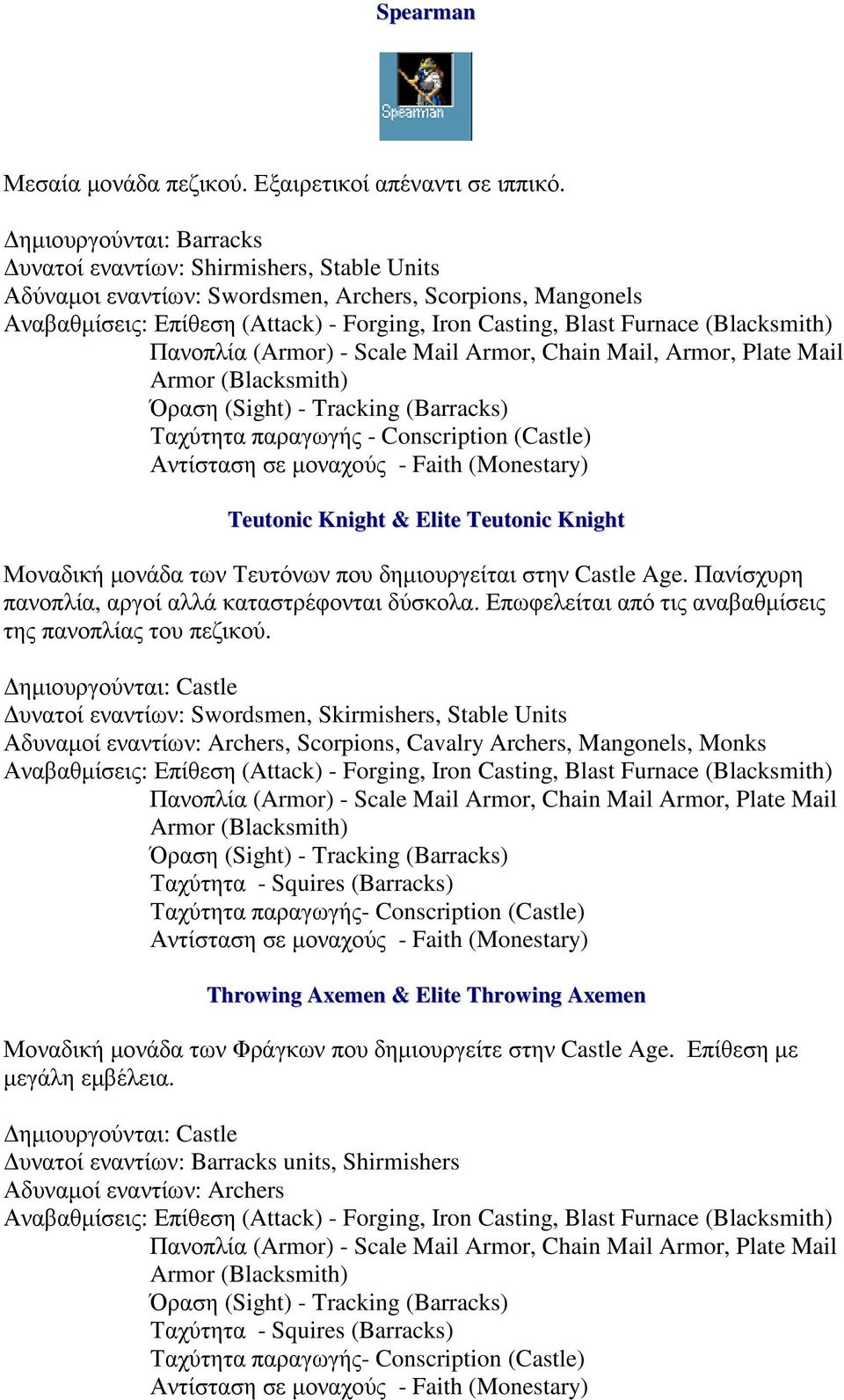(Blacksmith) Πανοπλία (Armor) - Scale Mail Armor, Chain Mail, Armor, Plate Mail Armor (Blacksmith) Όραση (Sight) - Tracking (Barracks) Ταχύτητα παραγωγής - Conscription (Castle) Teutonic Knight &