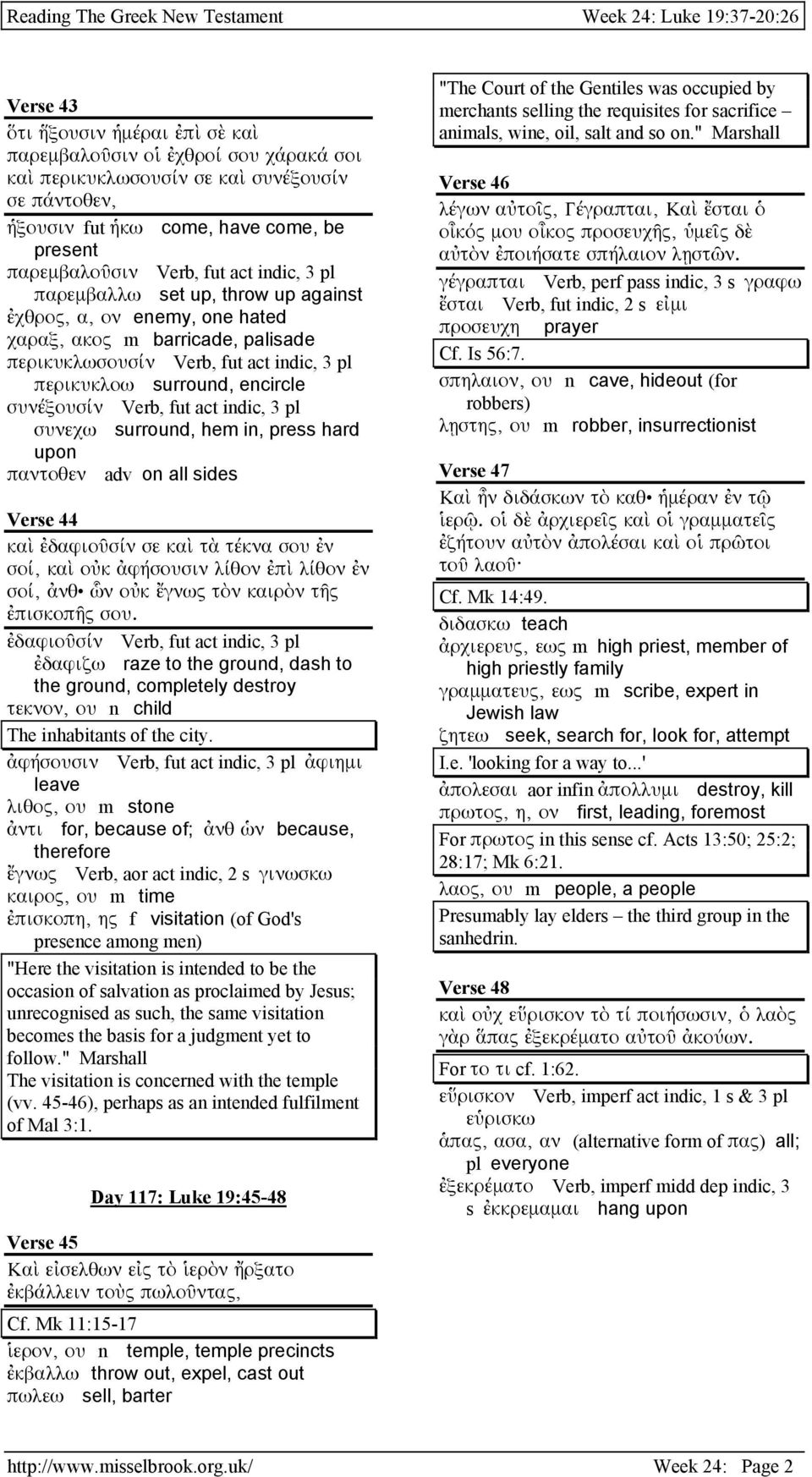 Verb, fut act indic, 3 pl συνεχω surround, hem in, press hard upon παντοθεν adv on all sides Verse 44 καὶ ἐδαφιοῦσίν σε καὶ τὰ τέκνα σου ἐν σοί, καὶ οὐκ ἀφήσουσιν λίθον ἐπὶ λίθον ἐν σοί, ἀνθ ὧν οὐκ