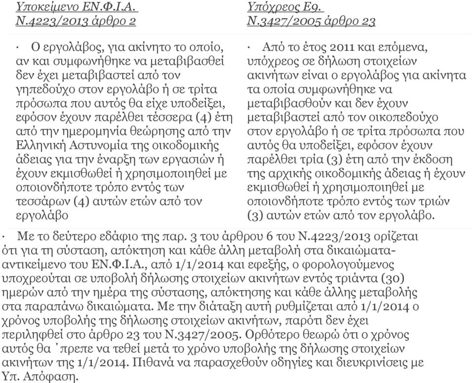 3427/2005 άρθρο 23 Ο εργολάβος, για ακίνητο το οποίο, αν και συμφωνήθηκε να μεταβιβασθεί δεν έχει μεταβιβαστεί από τον γηπεδούχο στον εργολάβο ή σε τρίτα πρόσωπα που αυτός θα είχε υποδείξει, εφόσον