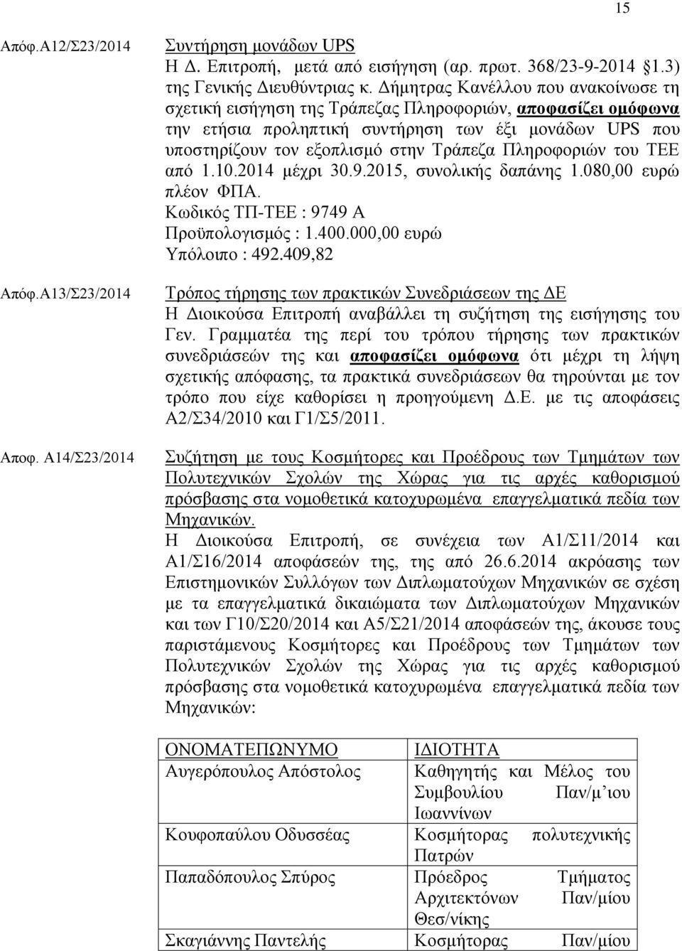 Πιεξνθνξηψλ ηνπ ΣΔΔ απφ 1.10.2014 κέρξη 30.9.2015, ζπλνιηθήο δαπάλεο 1.080,00 επξψ πιένλ ΦΠΑ. Κσδηθφο ΣΠ-ΣΔΔ : 9749 Α Πξνυπνινγηζκφο : 1.400.000,00 επξψ Τπφινηπν : 492.