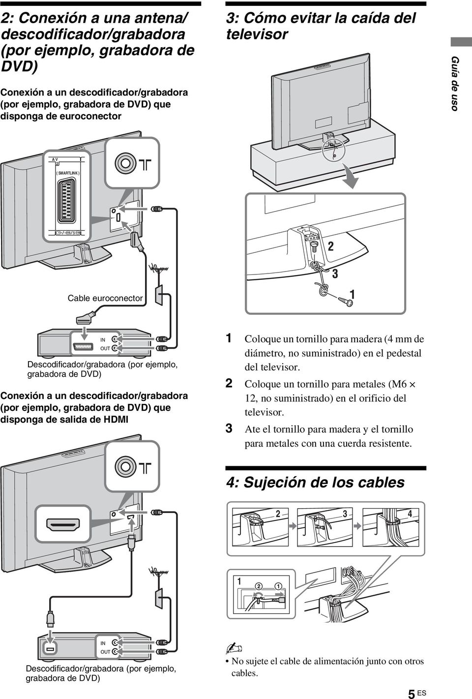 DVD) que disponga de salida de HDMI 1 Coloque un tornillo para madera (4 mm de diámetro, no suministrado) en el pedestal del televisor.