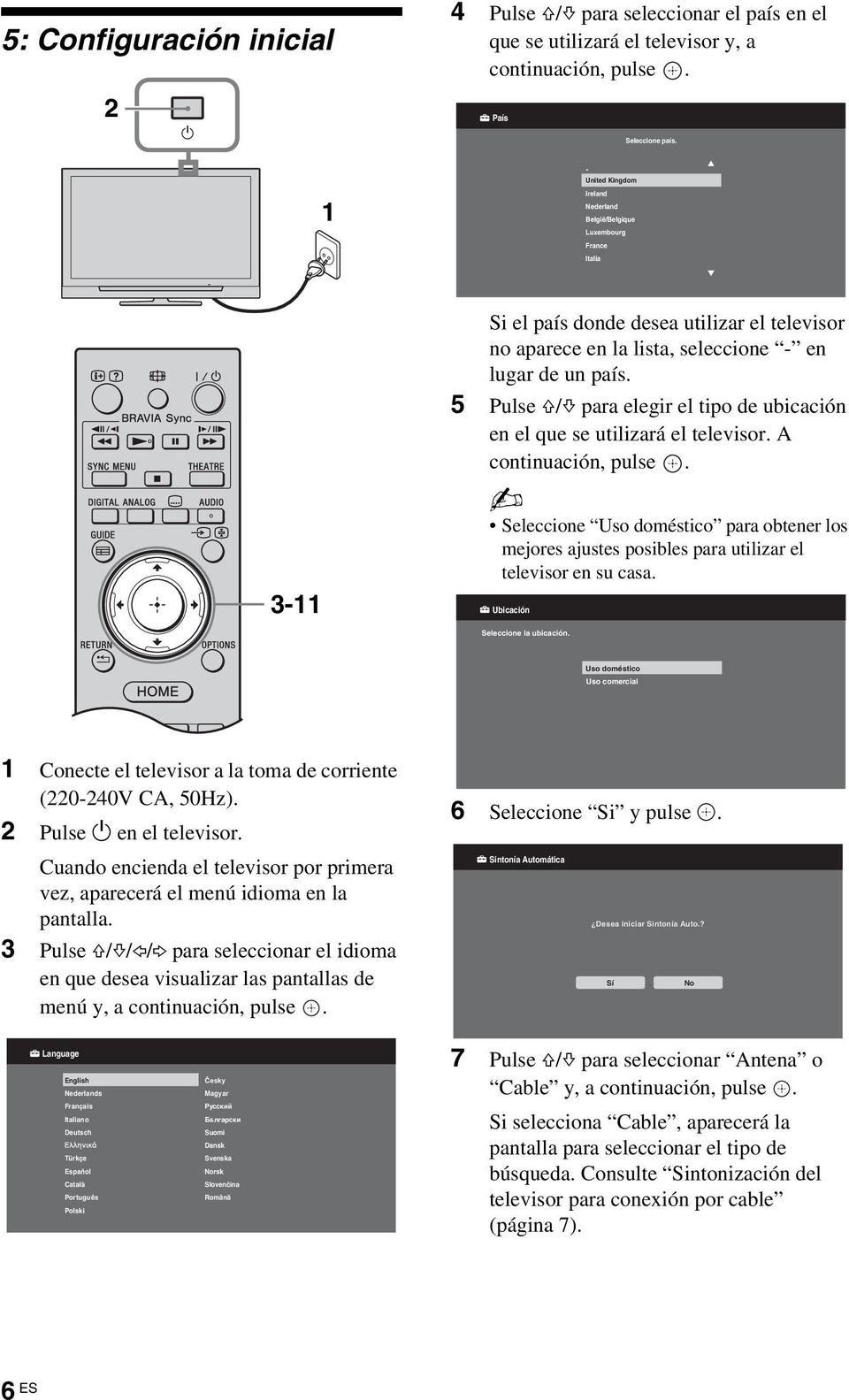 5 Pulse F/f para elegir el tipo de ubicación en el que se utilizará el televisor. A continuación, pulse.