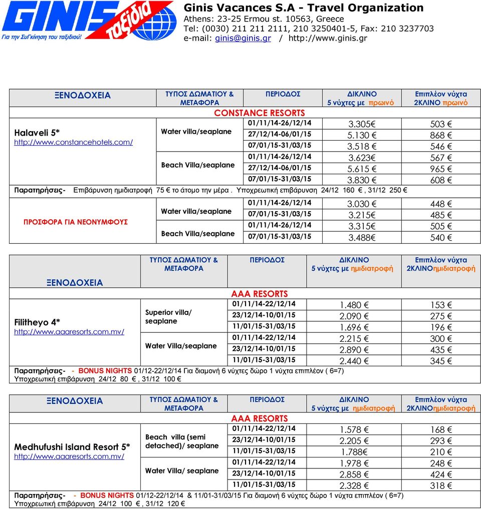 Υποχρεωτική επιβάρυνση 24/12 160, 31/12 250 ΠΡΟΣΦΟΡΑ ΓΙΑ ΝΕΟΝΥΜΦΟΥΣ Water villa/seaplane Beach Villa/seaplane 01/11/14-26/12/14 3.030 448 07/01/15-31/03/15 3.215 485 01/11/14-26/12/14 3.