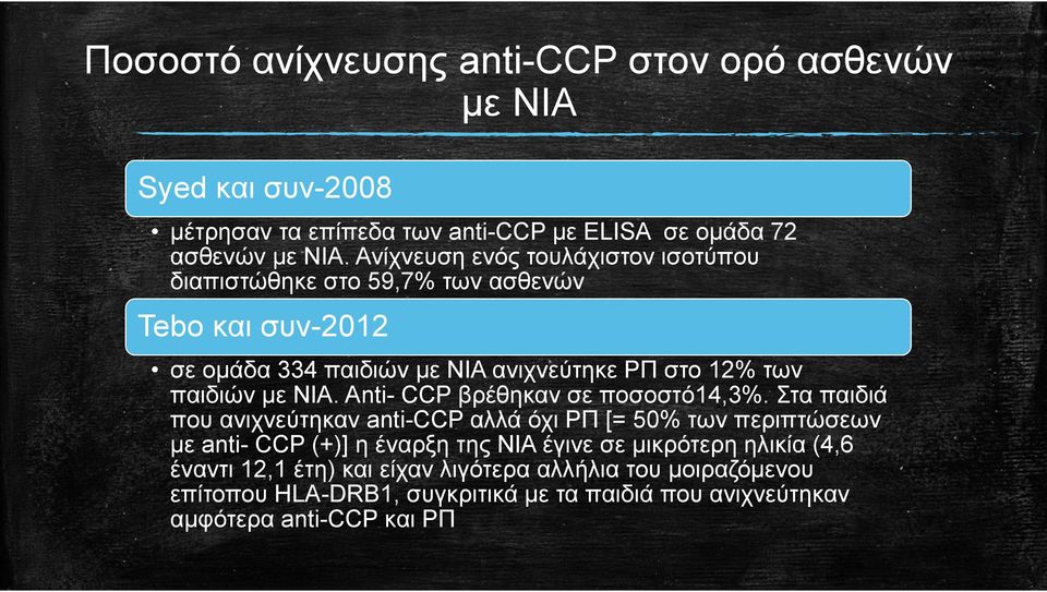 ΝΙΑ. Αnti- CCP βρέθηκαν σε ποσοστό14,3%.