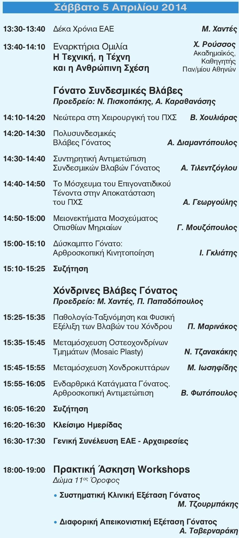 Χουλιάρας 14:20-14:30 Πολυσυνδεσμικές Βλάβες Γόνατος 14:30-14:40 Συντηρητική Αντιμετώπιση Συνδεσμικών Βλαβών Γόνατος Α. Διαμαντόπουλος Α.