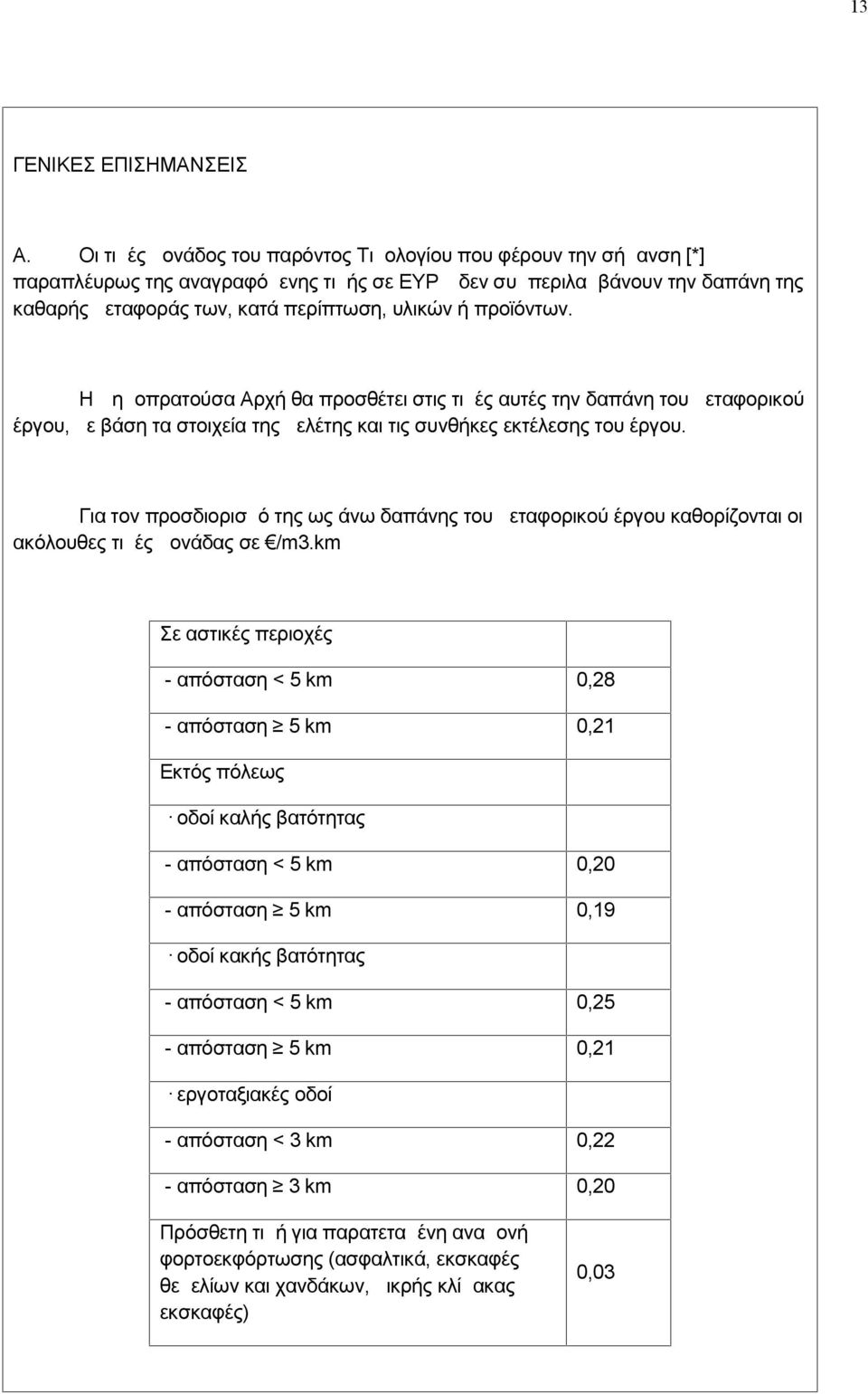 προϊόντων. Η Δημοπρατούσα Αρχή θα προσθέτει στις τιμές αυτές την δαπάνη του μεταφορικού έργου, με βάση τα στοιχεία της μελέτης και τις συνθήκες εκτέλεσης του έργου.