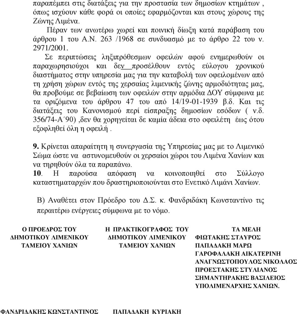 Σε περιπτώσεις ληξιπρόθεσμων οφειλών αφού ενημερωθούν οι παραχωρησιούχοι και δεν προσέλθουν εντός εύλογου χρονικού διαστήματος στην υπηρεσία μας για την καταβολή των οφειλομένων από τη χρήση χώρων