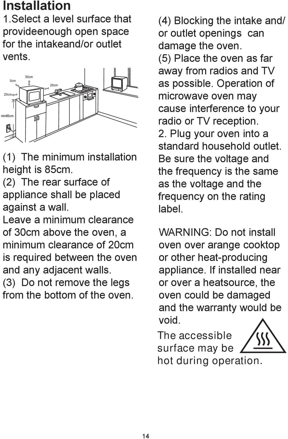 (3) Do not remove the legs from the bottom of the oven. (4) Blocking the intake and/ or outlet openings can damage the oven. (5) Place the oven as far away from radios and TV as possible.
