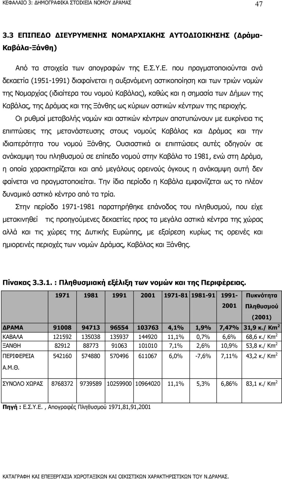 των τριών νοµών της Νοµαρχίας (ιδιαίτερα του νοµού Καβάλας), καθώς και η σηµασία των ήµων της Καβάλας, της ράµας και της Ξάνθης ως κύριων αστικών κέντρων της περιοχής.