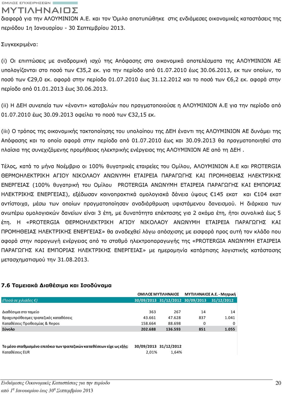 2013, εκ των οποίων, το ποσό των 29,0 εκ. αφορά στην περίοδο 01.07.2010 έως 31.12.2012 και το ποσό των 6,2 εκ. αφορά στην περίοδο από 01.01.2013 έως 30.06.2013. (ii) Η ΔΕΗ συνεπεία των «έναντι» καταβολών που πραγματοποιούσε η ΑΛΟΥΜΙΝΙΟΝ Α.