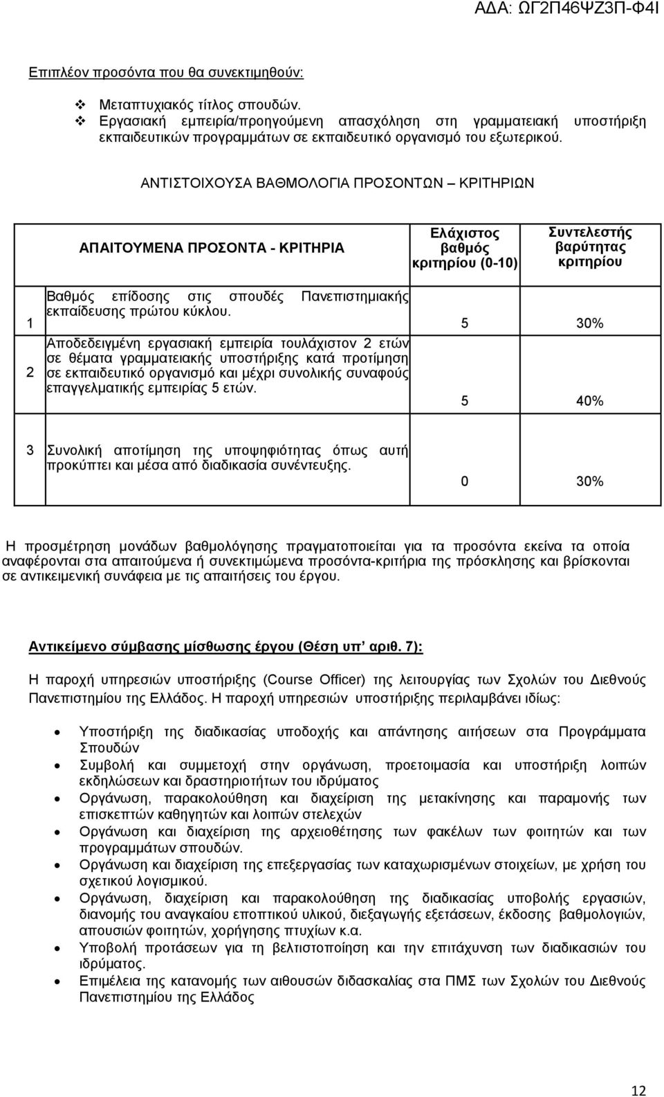 ΑΝΤΙΣΤΟΙΧΟΥΣΑ ΒΑΘΜΟΛΟΓΙΑ ΠΡΟΣΟΝΤΩΝ ΚΡΙΤΗΡΙΩΝ ΑΠΑΙΤΟΥΜΕΝΑ ΠΡΟΣΟΝΤΑ - ΚΡΙΤΗΡΙΑ Ελάχιστος βαθμός κριτηρίου (0-10) Συντελεστής βαρύτητας κριτηρίου 1 2 Βαθμός επίδοσης στις σπουδές Πανεπιστημιακής