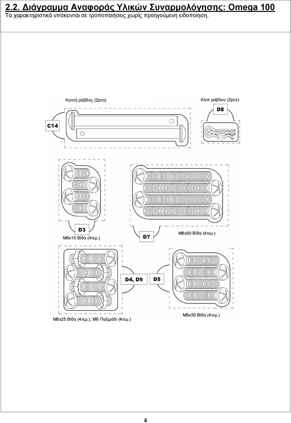 Κοντή ράβδος (2pcs) Κλιπ ράβδου (2pcs) D8 C14 D3 M6x15 Βίδα (4τεµ.
