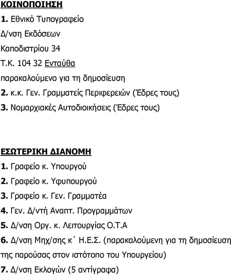 Γξαθείν θ. Τθππνπξγνύ 3. Γξαθείν θ. Γελ. Γξακκαηέα 4. Γελ. Δ/ληή Αλαπη. Πξνγξακκάησλ 5. Δ/λζε Οξγ. θ. Λεηηνπξγίαο Ο.Σ.Α 6.