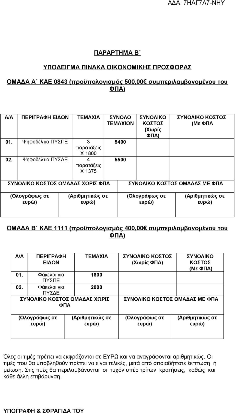 Ψηφοδέλτια ΠΥΣΔΕ 4 παρατάξεις Χ 1375 5400 5500 ΣΥΝΟΛΙΚΟ ΚΟΣΤΟΣ (Χωρίς ΣΥΝΟΛΙΚΟ ΚΟΣΤΟΣ (Με ΦΠΑ ΣΥΝΟΛΙΚΟ ΚΟΣΤΟΣ ΟΜΑΔΑΣ ΧΩΡΙΣ ΦΠΑ ΣΥΝΟΛΙΚΟ ΚΟΣΤΟΣ ΟΜΑΔΑΣ ΜΕ ΦΠΑ ΟΜΑΔΑ Β ΚΑΕ 1111 (προϋπολογισμός 400,00