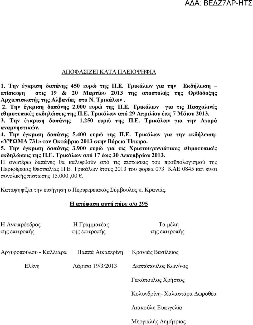 4. Την έγκριση δαπάνης 5.400 ευρώ της Π.Ε. Τρικάλων για την εκδήλωση: «ΥΨΩΜΑ 731» τον Οκτώβριο 2013 στην Βόρειο Ήπειρο. 5. Την έγκριση δαπάνης 3.