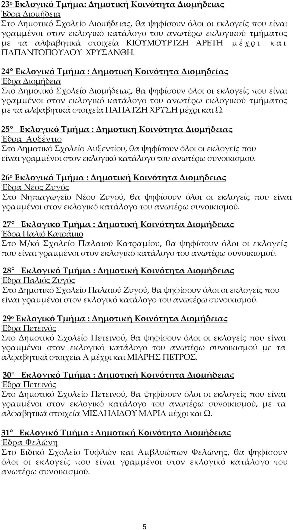 24 Εκλογικό Τμήμα : Δημοτική Κοινότητα Διομηδείας Έδρα Διομήδεια Στο Δημοτικό Σχολείο Διομήδειας, θα ψηφίσουν όλοι οι εκλογείς που είναι γραμμένοι στον εκλογικό κατάλογο του ανωτέρω εκλογικού