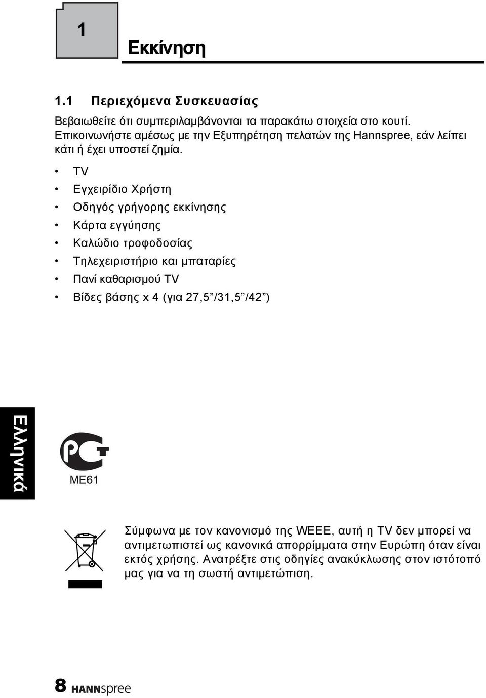 TV Εγχειρίδιο Χρήστη Οδηγός γρήγορης εκκίνησης Κάρτα εγγύησης Καλώδιο τροφοδοσίας Τηλεχειριστήριο και μπαταρίες Πανί καθαρισμού TV Βίδες βάσης x 4