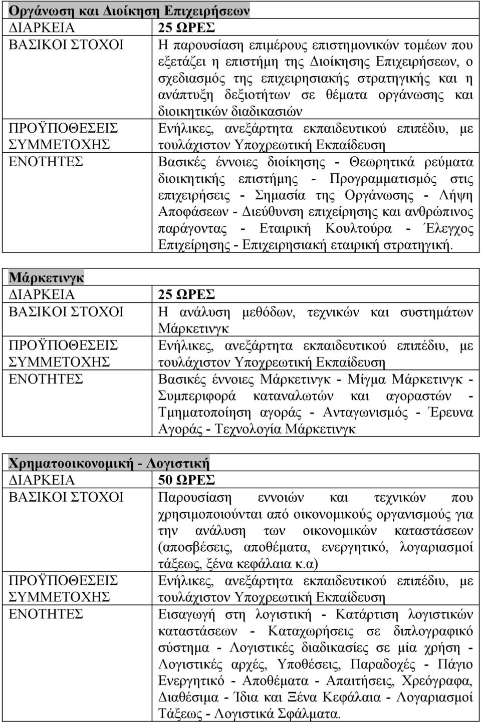 επιστήμης - Προγραμματισμός στις επιχειρήσεις - Σημασία της Οργάνωσης - Λήψη Αποφάσεων - Διεύθυνση επιχείρησης και ανθρώπινος παράγοντας - Εταιρική Κουλτούρα - Έλεγχος Επιχείρησης - Επιχειρησιακή