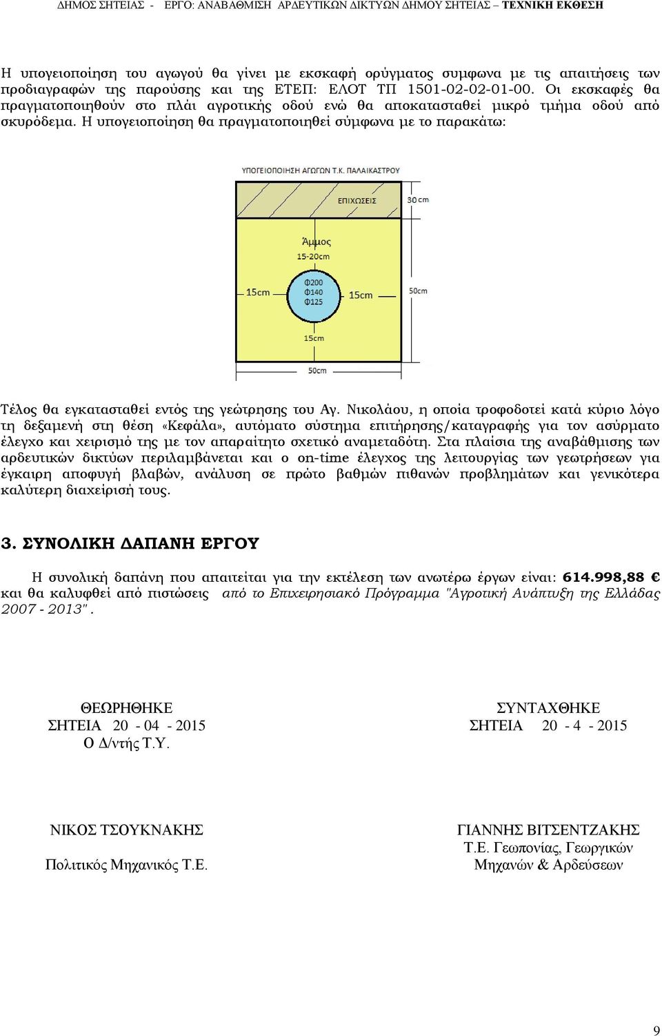 Η υπογειοποίηση θα πραγματοποιηθεί σύμφωνα με το παρακάτω: Τέλος θα εγκατασταθεί εντός της γεώτρησης του Αγ.