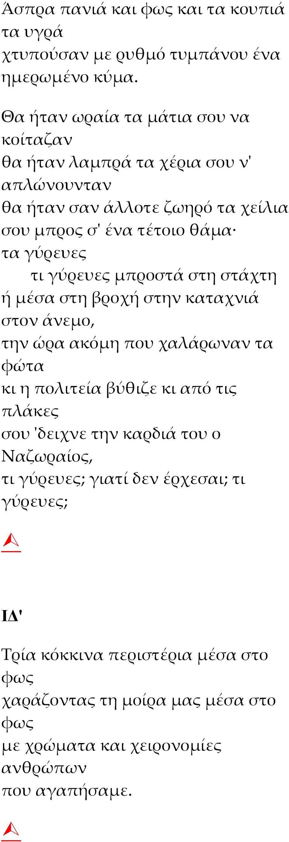 γύρευες τι γύρευες μπροστά στη στάχτη ή μέσα στη βροχή στην καταχνιά στον άνεμο, την ώρα ακόμη που χαλάρωναν τα φώτα κι η πολιτεία βύθιζε κι από τις