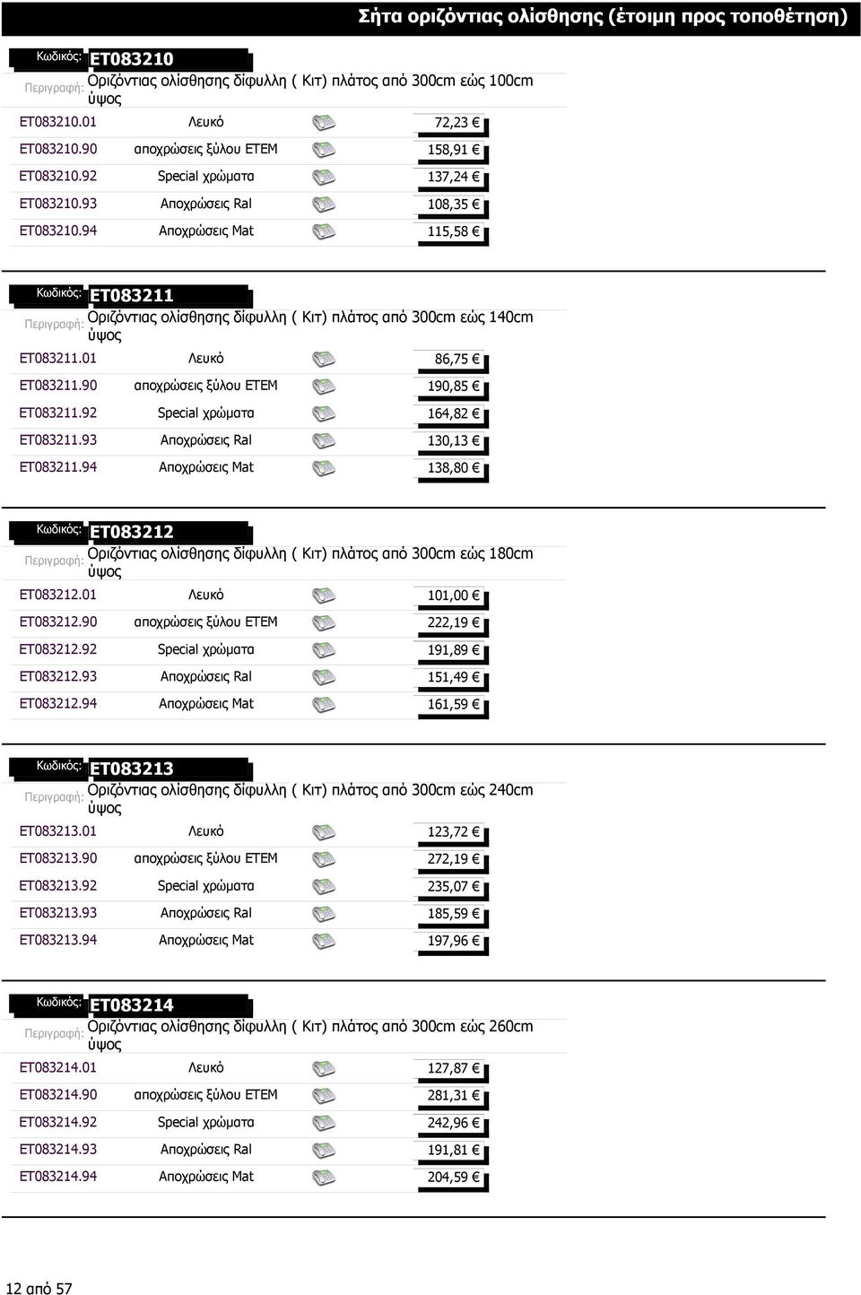 01 Λευκό 86,75 ET083211.90 αποχρώσεις ξύλου ΕΤΕΜ 190,85 ET083211.92 Special χρώµατα 164,82 ET083211.93 Αποχρώσεις Ral 130,13 ET083211.