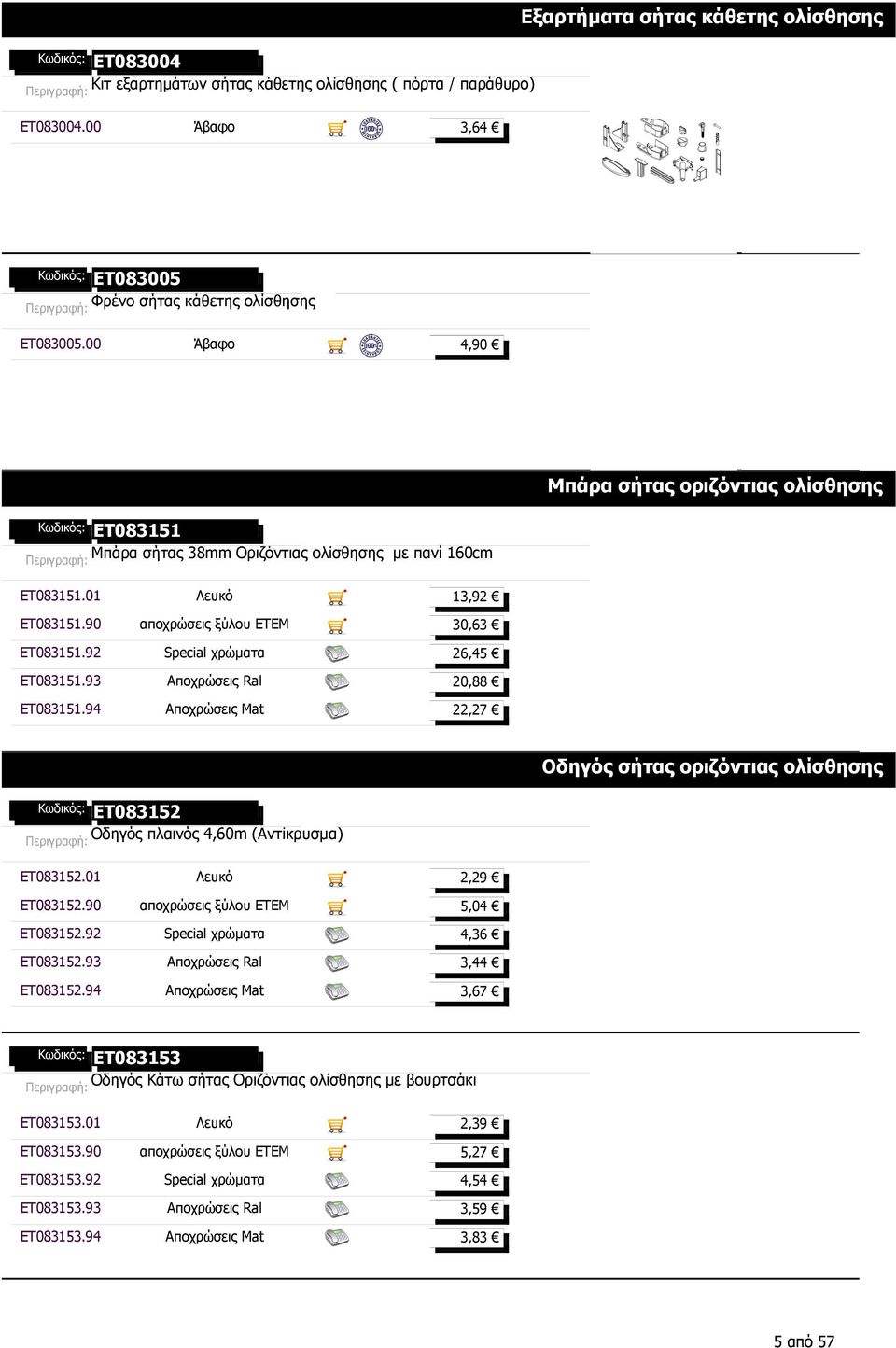 93 Αποχρώσεις Ral 20,88 ET083151.94 Αποχρώσεις Mat 22,27 Μπάρα σήτας οριζόντιας ολίσθησης ET083152 Οδηγός πλαινός 4,60m (Αντίκρυσµα) ET083152.01 Λευκό 2,29 ET083152.