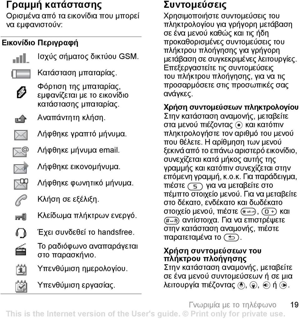 Κλείδωµα πλήκτρων ενεργό. Έχει συνδεθεί το handsfree. Το ραδιόφωνο αναπαράγεται στο παρασκήνιο. Υπενθύµιση ηµερολογίου. Υπενθύµιση εργασίας.