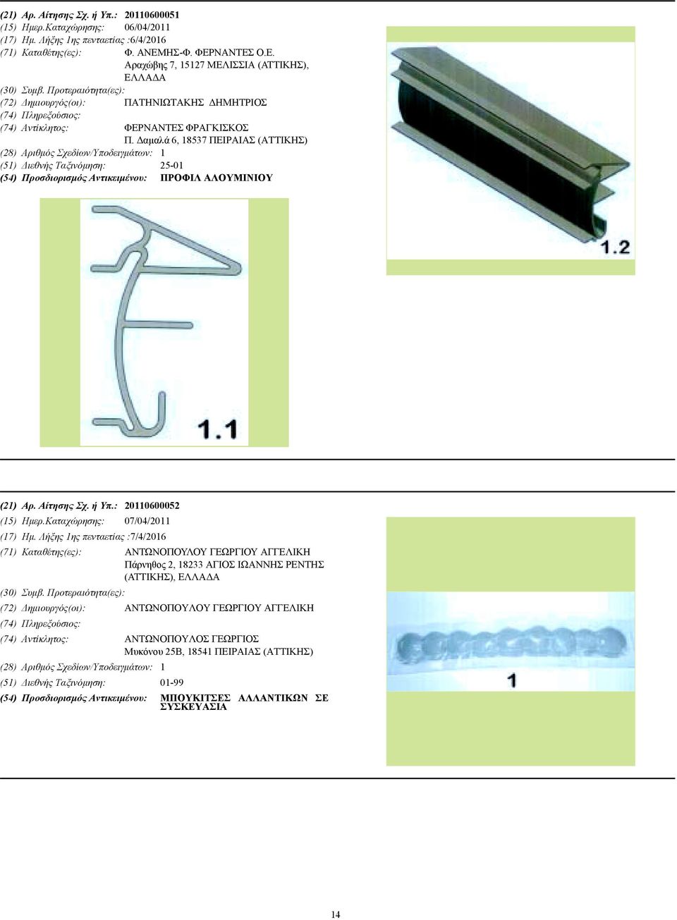 αµαλά 6, 18537 ΠΕΙΡΑΙΑΣ (ΑΤΤΙΚΗΣ) (28) Αριθµός Σχεδίων/Υποδειγµάτων: 1 (51) ιεθνής Ταξινόµηση: 25-01 (54) Προσδιορισµός Αντικειµένου: ΠΡΟΦΙΛ ΑΛΟΥΜΙΝΙΟΥ (21) Αρ. Αίτησης Σχ. ή Υπ.