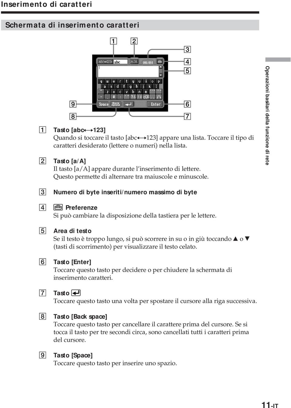 3 4 5 6 8 7 Operazioni basilari della funzione di rete 3 Numero di byte inseriti/numero massimo di byte 4 Preferenze Si può cambiare la disposizione della tastiera per le lettere.