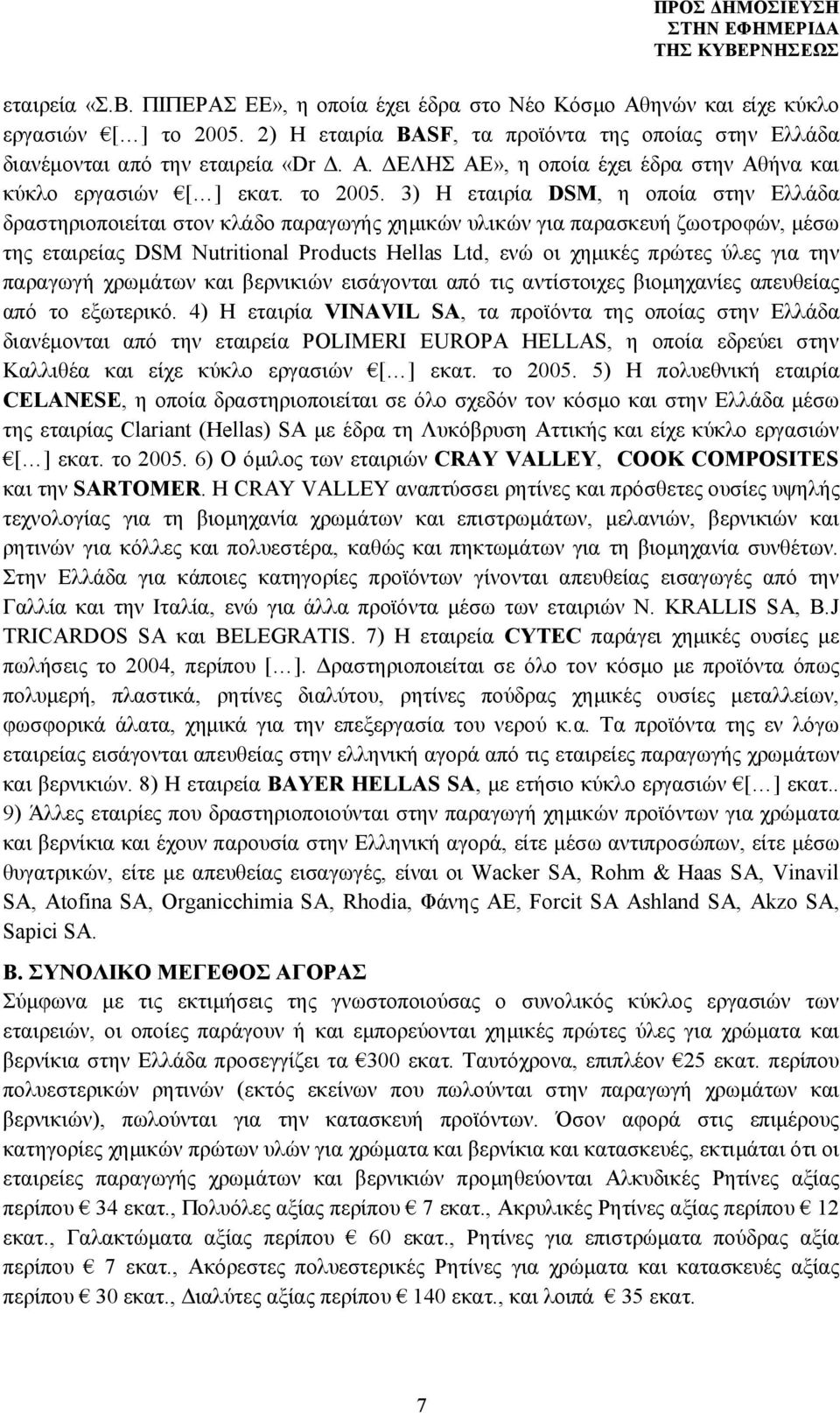 3) Η εταιρία DSM, η οποία στην Ελλάδα δραστηριοποιείται στον κλάδο παραγωγής χημικών υλικών για παρασκευή ζωοτροφών, μέσω της εταιρείας DSM Nutritional Products Hellas Ltd, ενώ οι χημικές πρώτες ύλες