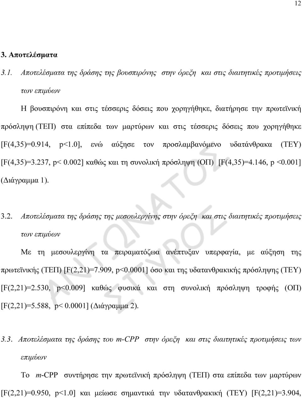 002] καθώς και τη συνολική πρόσληψη (ΟΠ) [F(4,35)=4.146, p <0.001] ( ιάγραµµα 1). 3.2. Αποτελέσµατα της δράσης της µεσουλεργίνης στην όρεξη και στις διαιτητικές προτιµήσεις των επιµύων Με τη