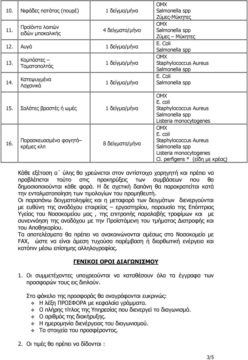 perfigens * (είδη με κρέας) Κάθε εξέταση α ύλης θα χρεώνεται στον αντίστοιχο χορηγητή και πρέπει να προβλέπεται τούτο στις προκηρύξεις των συμβάσεων που θα δημοσιοποιούνται κάθε φορά.