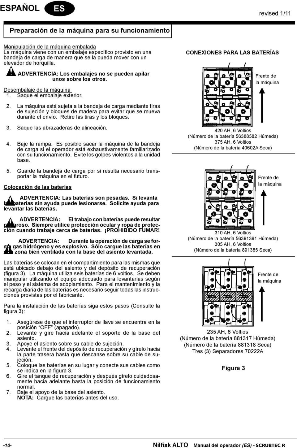 CONEXIONES PARA LAS BATERÍAS Frente de la máquina 2. La máquina está sujeta a la bandeja de carga mediante tiras de sujeción y bloques de madera para evitar que se mueva durante el envío.