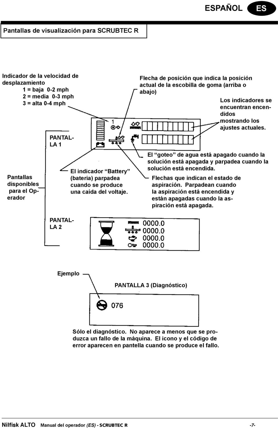 Pantallas disponibles para el Operador El indicador Battery (bateria) parpadea cuando se produce una caída del voltaje.