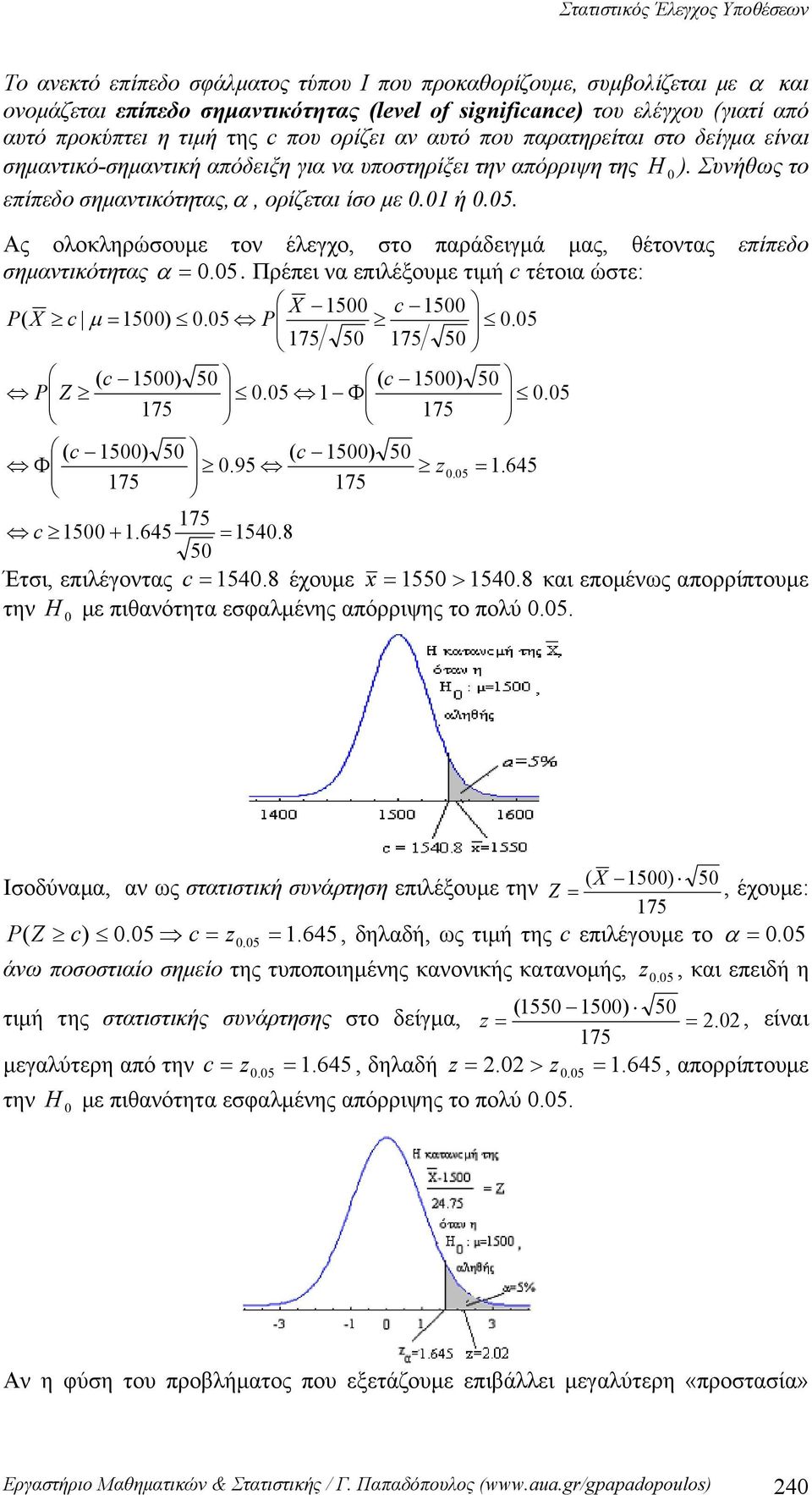 Ας ολοκληρώουμε τον έλεγχο, το παράδειγμά μας, θέτοντας επίπεδο ημαντικότητας α. 5. Πρέπει να επιλέξουμε τιμή c τέτοια ώτε: 5 5 ( 5).5 X c P X c μ P.5 75 5 75 5 ( c 5) P Z 75 5 ( c 5).5 Φ 75 5.