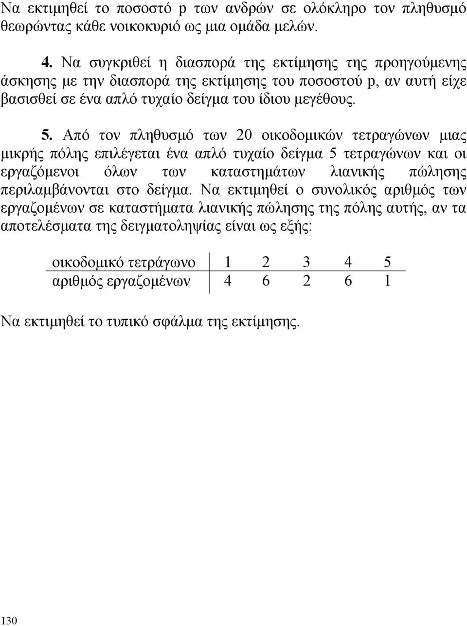 Από τον πληθυσμό των 0 οικοδομικών τετραγώνων μιας μικρής πόλης επιλέγεται ένα απλό τυχαίο δείγμα 5 τετραγώνων και οι εργαζόμενοι όλων των καταστημάτων λιανικής πώλησης περιλαμβάνονται