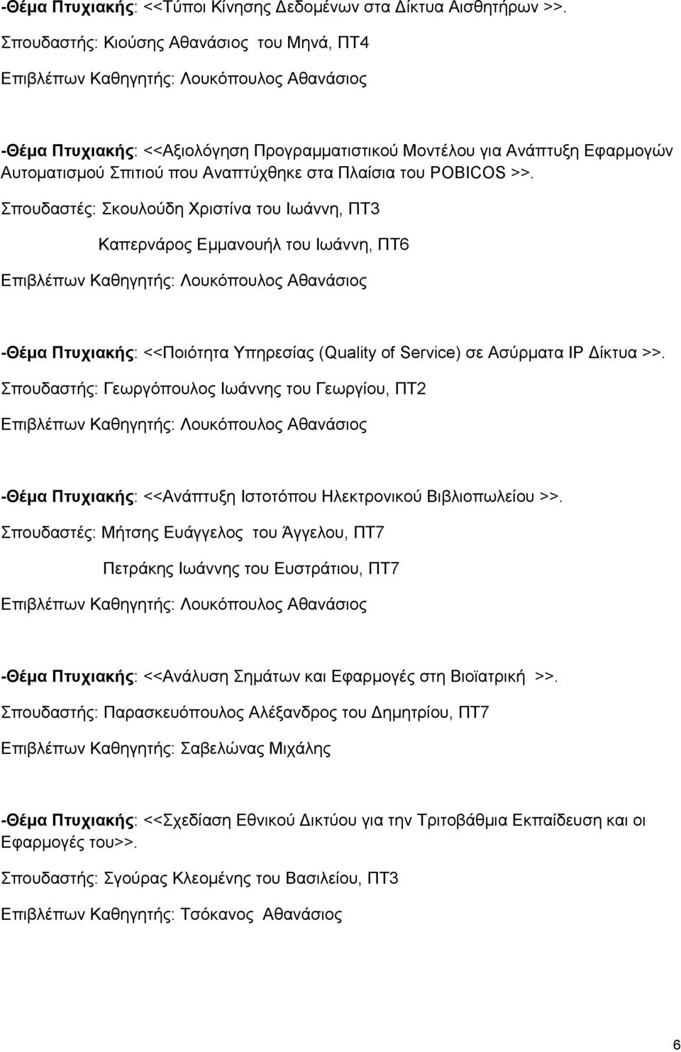 πνπδαζηέο: θνπινύδε Υξηζηίλα ηνπ Ησάλλε, ΠΣ3 Καπεξλάξνο Δκκαλνπήι ηνπ Ησάλλε, ΠΣ6 -Θέμα Πηςσιακήρ: <<Πνηόηεηα Τπεξεζίαο (Quality of Service) ζε Αζύξκαηα IP Γίθηπα >>.