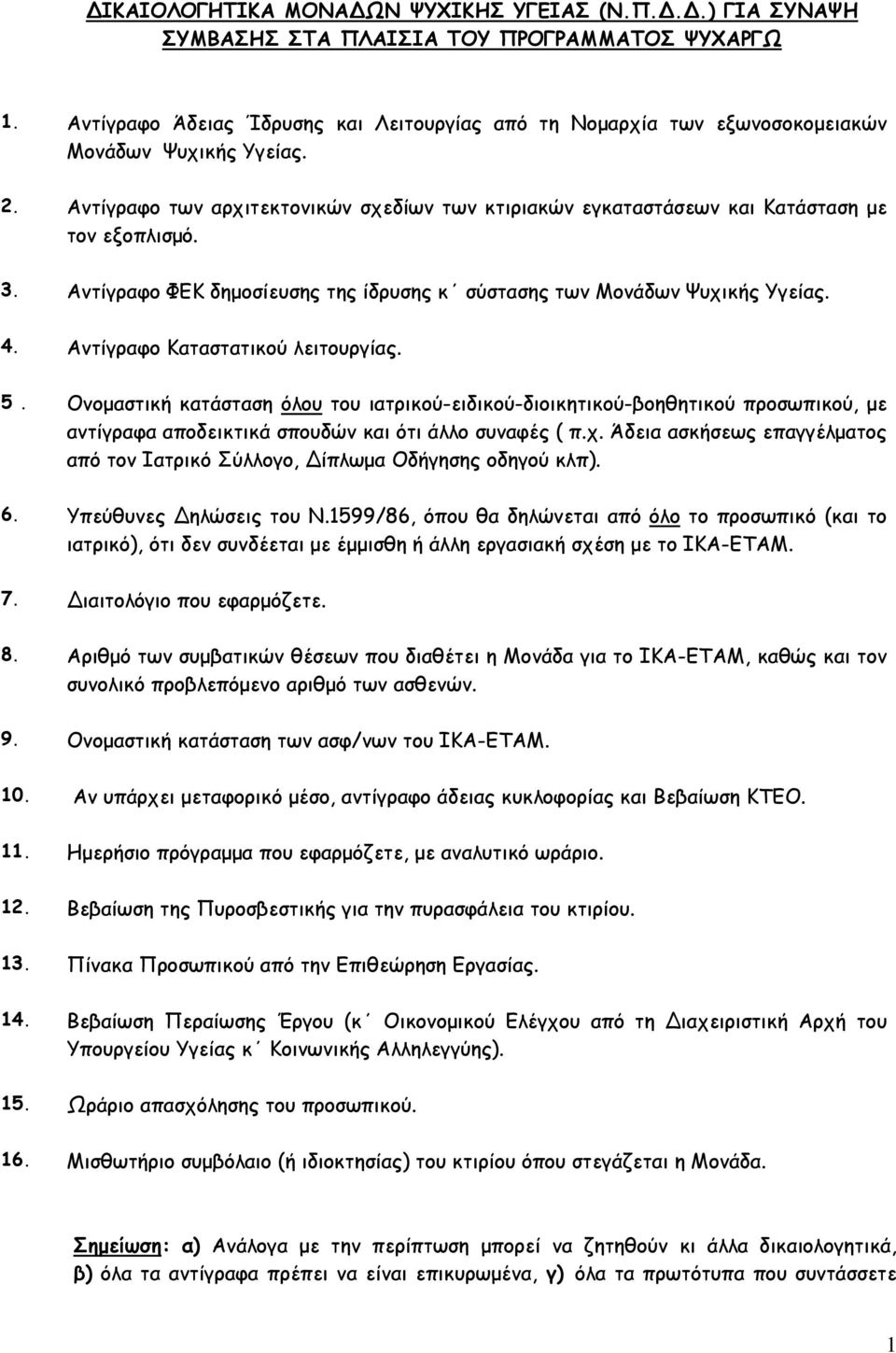 Αντίγραφο των αρχιτεκτονικών σχεδίων των κτιριακών εγκαταστάσεων και Κατάσταση με τον εξοπλισμό. 3. Αντίγραφο ΦΕΚ δημοσίευσης της ίδρυσης κ σύστασης των Μονάδων Ψυχικής Υγείας. 4.