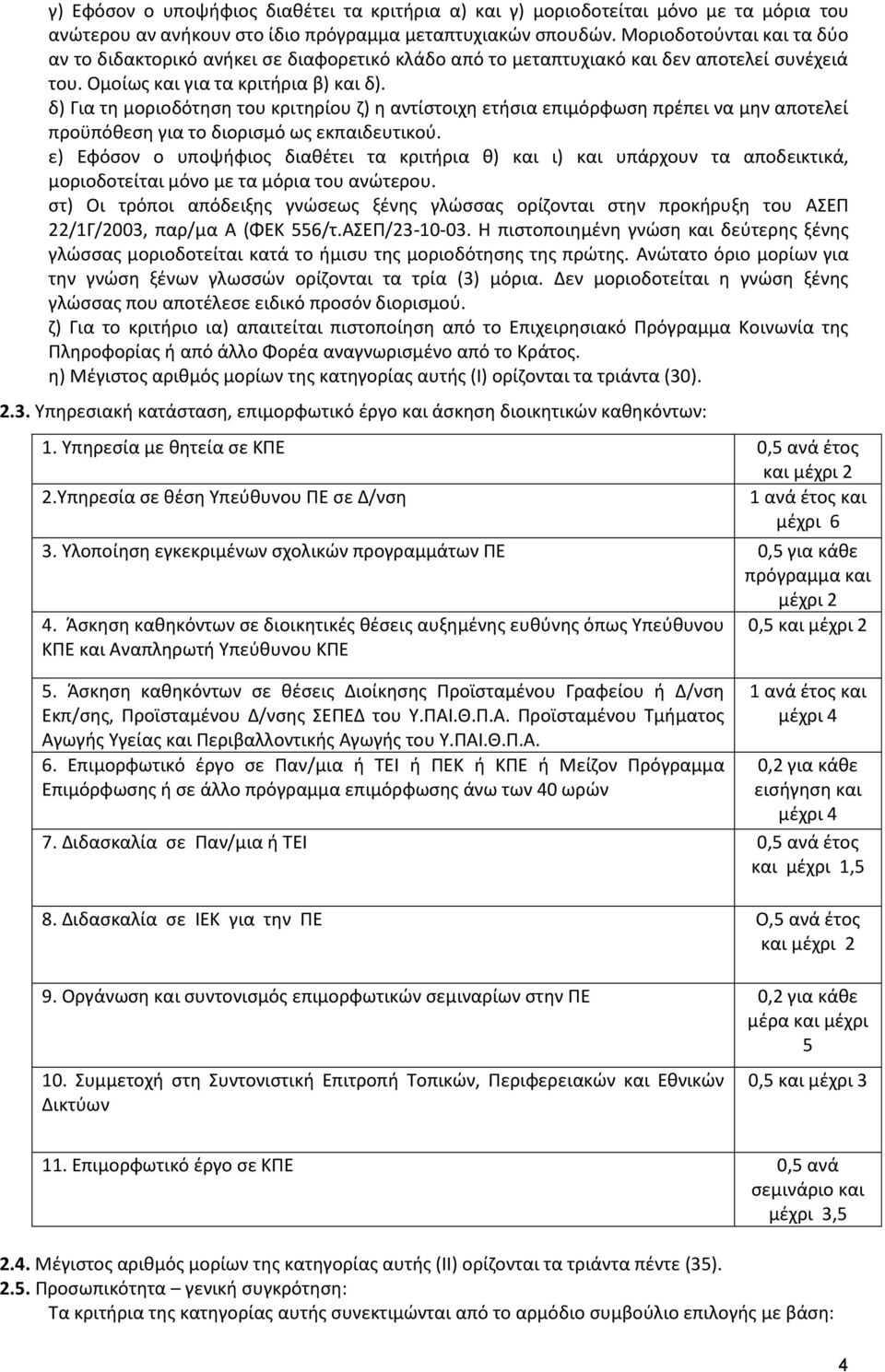 δ) Για τη μοριοδότηση του κριτηρίου ζ) η αντίστοιχη ετήσια επιμόρφωση πρέπει να μην αποτελεί προϋπόθεση για το διορισμό ως εκπαιδευτικού.