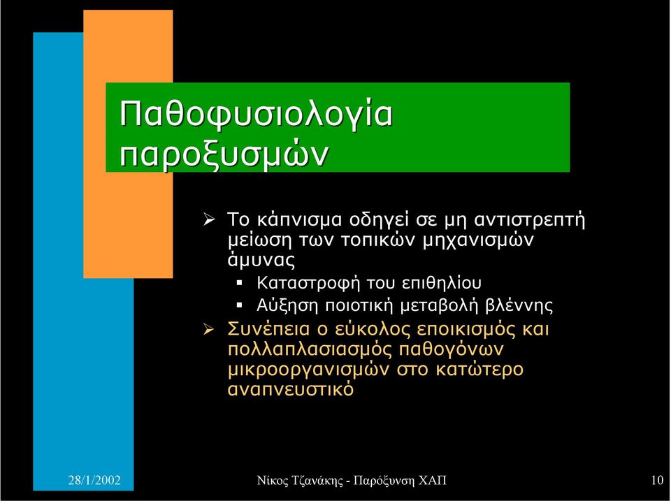 Καταστροφή του επιθηλίου " Αύξηση ποιοτική µεταβολή βλέννης!