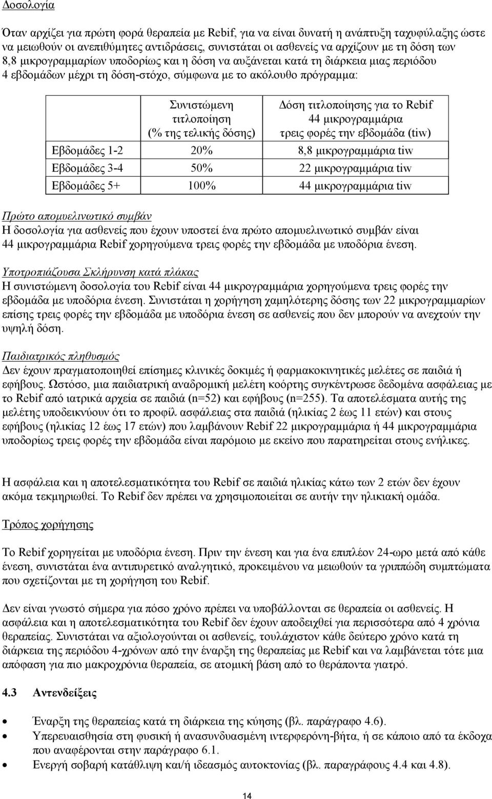 τιτλοποίησης για το Rebif 44 μικρογραμμάρια τρεις φορές την εβδομάδα (tiw) Εβδομάδες 1-2 20% 8,8 μικρογραμμάρια tiw Εβδομάδες 3-4 50% 22 μικρογραμμάρια tiw Εβδομάδες 5+ 100% 44 μικρογραμμάρια tiw