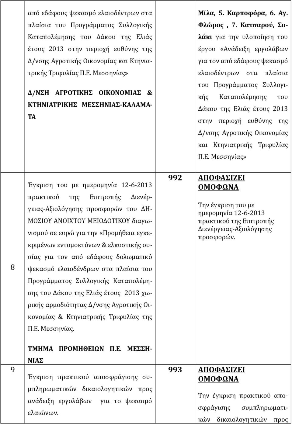 Μεσσηνίας» 8 Έγκριση του με ημερομηνία 12-6-2013 πρακτικού της Επιτροπής Διενέργειας-Αξιολόγησης προσφορών του ΔΗ- ΜΟΣΙΟΥ ΑΝΟΙΧΤΟΥ ΜΕΙΟΔΟΤΙΚΟΥ διαγωνισμού σε ευρώ για την «Προμήθεια εγκεκριμένων