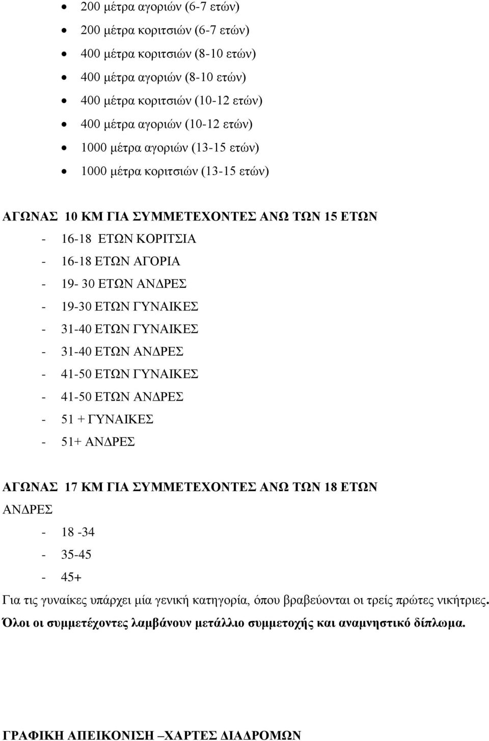 31-40 ΕΤΩΝ ΓΥΝΑΙΚΕΣ - 31-40 ΕΤΩΝ ΑΝΔΡΕΣ - 41-50 ΕΤΩΝ ΓΥΝΑΙΚΕΣ - 41-50 ΕΤΩΝ ΑΝΔΡΕΣ - 51 + ΓΥΝΑΙΚΕΣ - 51+ ΑΝΔΡΕΣ ΑΓΩΝΑΣ 17 ΚΜ ΓΙΑ ΣΥΜΜΕΤΕΧΟΝΤΕΣ ΑΝΩ ΤΩΝ 18 ΕΤΩΝ ΑΝΔΡΕΣ - 18-34 - 35-45 - 45+ Για