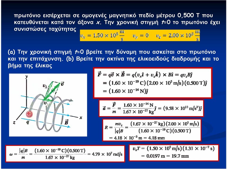 Την χρονική στιγμή t=0 το πρωτόνιο έχει συνιστώσες ταχύτητας (a) Την χρονική