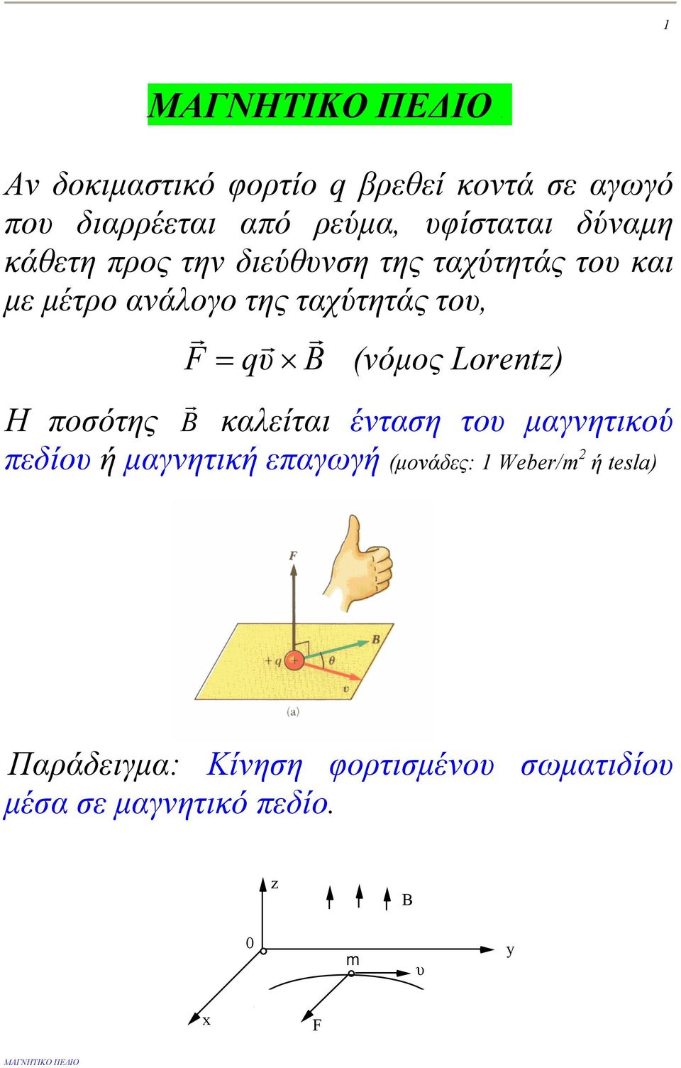 την διεύθυνση της ταχύτητάς του και µε µέτρο ανάλογο της ταχύτητάς του, F qυ Β (νόµος Loentz) Η