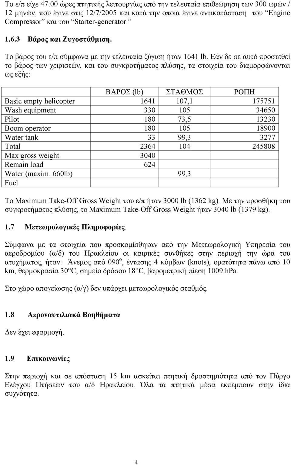 Εάν δε σε αυτό προστεθεί το βάρος των χειριστών, και του συγκροτήματος πλύσης, τα στοιχεία του διαμορφώνονται ως εξής: ΒΑΡΟΣ (lb) ΣΤΑΘΜΟΣ ΡΟΠΗ Basic empty helicopter 1641 107,1 175751 Wash equipment