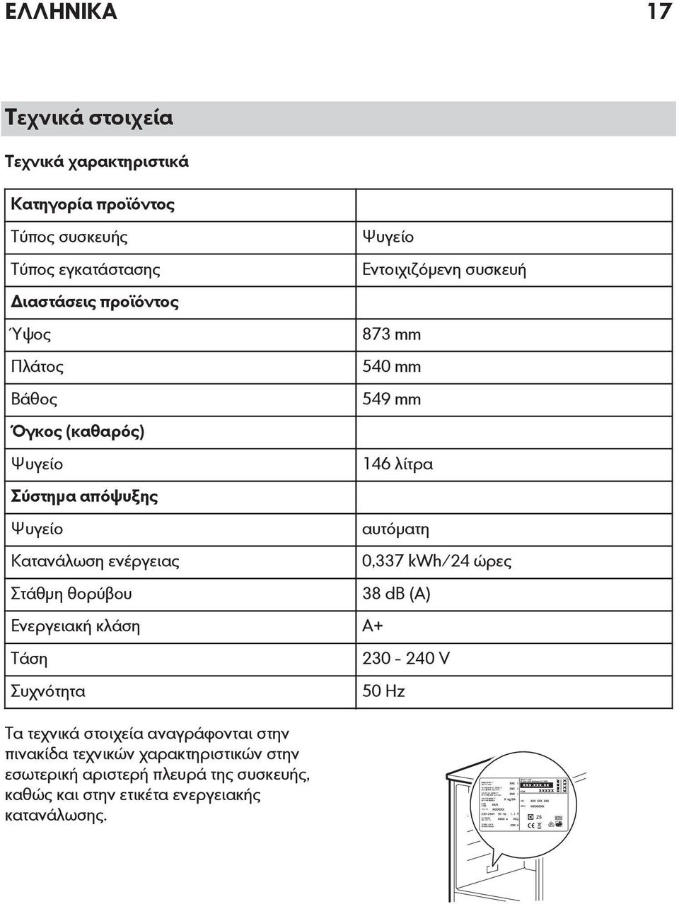 τεχνικά στοιχεία αναγράφονται στην πινακίδα τεχνικών χαρακτηριστικών στην εσωτερική αριστερή πλευρά της συσκευής, καθώς και στην